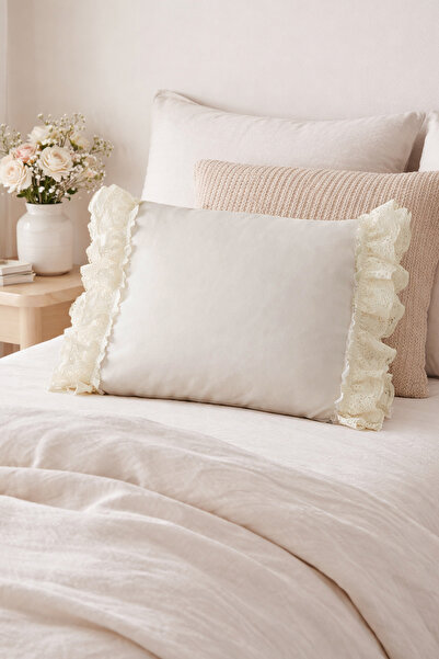 RİTMOHOME Husă de pernă crem în stil boem cu volane