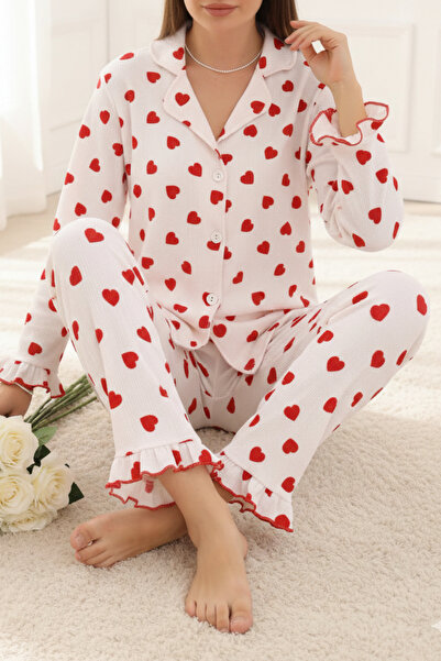 ELİTOL Kalp Desenli Bürümcük Örme Uzun Kol Kadın Düğmeli Pijama Takımı