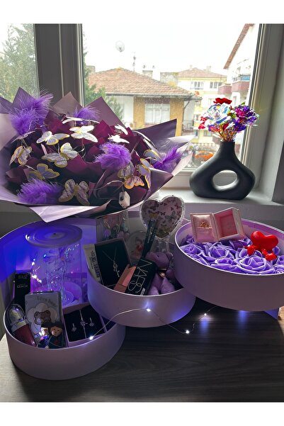 HEDİYEVİM Mor 3 Katlı Hediye Kutusu Üç Katlı Hediye Kutusu