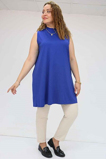Eslina 58501 Великий розмір сукня з коміром-стійкою з трикотажу - Індиго