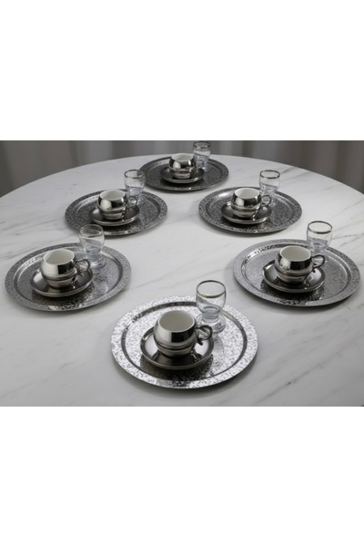 SİNİ Paslanmaz Çelik 6 Adet Yuvarlak Lüx Desenli Gümüş Ad-08 Kahve, Çay Sunum...