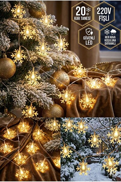 VOLEMİ 20'li Kar Tanesi Led Işık 220V Fişli Günışığı Yılbaşı Çam Ağacı ve Dış...