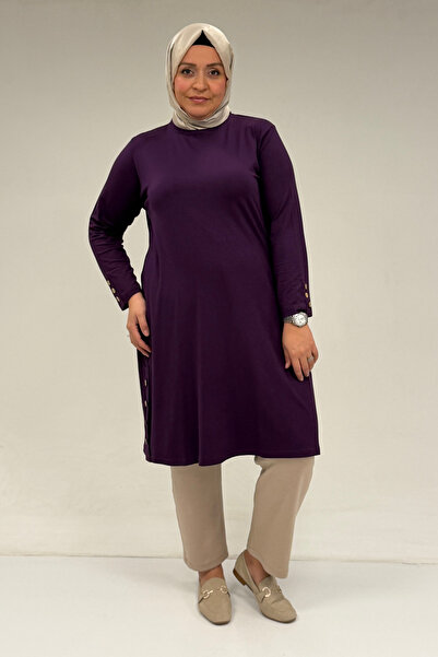 Eslina 38015 تونيك قطني ممشط بأزرار مقاس كبير - أرجواني