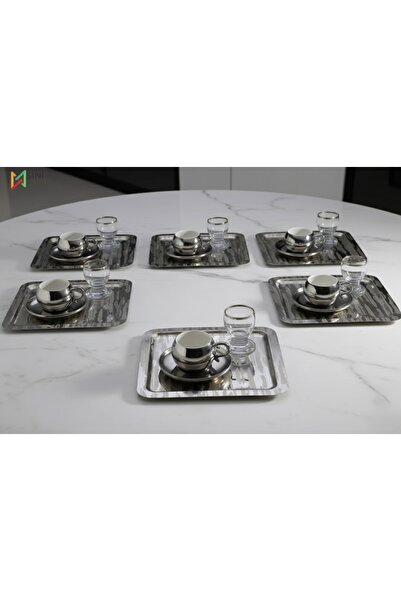 SİNİ Paslanmaz Çelik 6 Adet Kare Lüx Desenli Gümüş Ad-20 Kahve, Çay Sunum Ser...