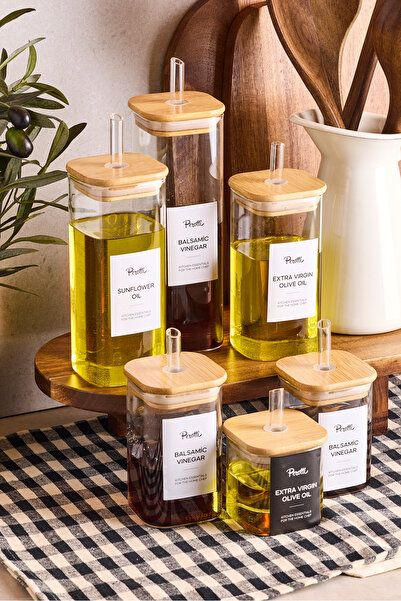 Perotti Cubes Borosilikat 6’lı Pratik Mutfak Seti Bambu Kapak-Yağlık Sosluk S...