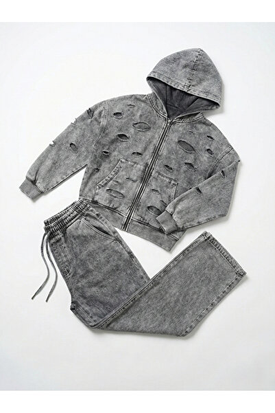 HayKids Κοριτσίστικο Σετ Φόρμας με Φαρδιά Μπατζάκια, Γκρι, με Σκισίματα και Λ...