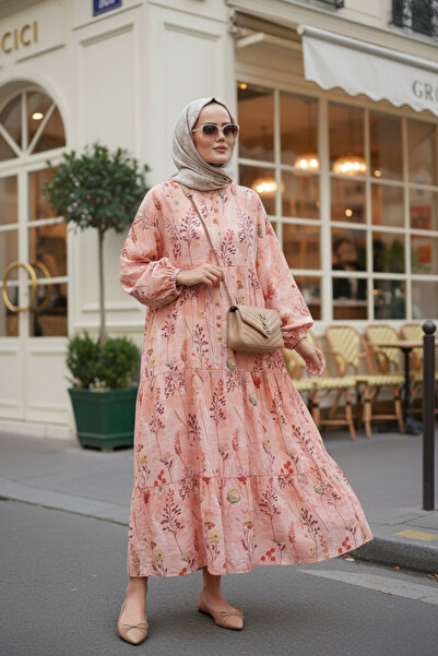 Aselim Hijap Moda Pamuklu Yapraklı Desenli Yazlık Robalı Elbise Açık Turuncu