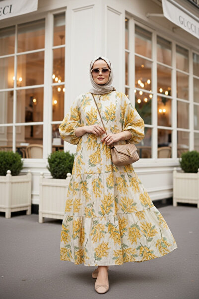 Aselim Hijap Moda Rochie de vară din bumbac cu model floral galben