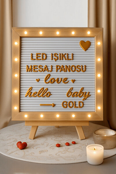 fikirstore Led Işıklı Ahşap Mesaj Panosu Yazı Tahtası Beyaz Zemin GOLD Harf S...