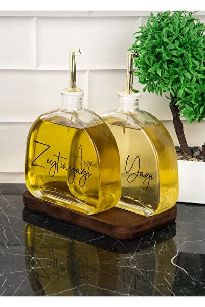 Wood Atölye 2 li Oval cam yağdanlik ahşap stantlı gold kapak ayçiçek yağı zey...