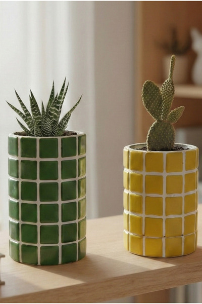 Tasarım İkili El Yapımı Mozaik Seramik Saksı | Gizli Damla Tepsisi | Renkli D...