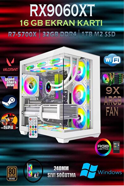 Apphirex TCW90 Ryzen 7 5700X 32GB 1TB M.2 SSD RX9060XT 16GB Sıvı Soğutmalı Be...