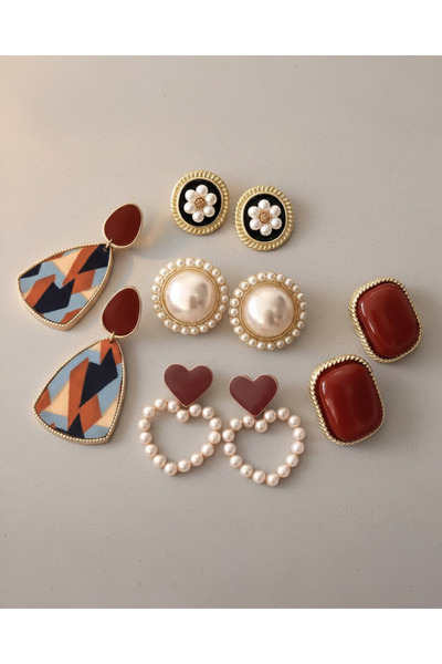 AYLİS kadın Şık Küpe Seti – Şarap Kırmızısı, İnci Detaylı (5 Çift)