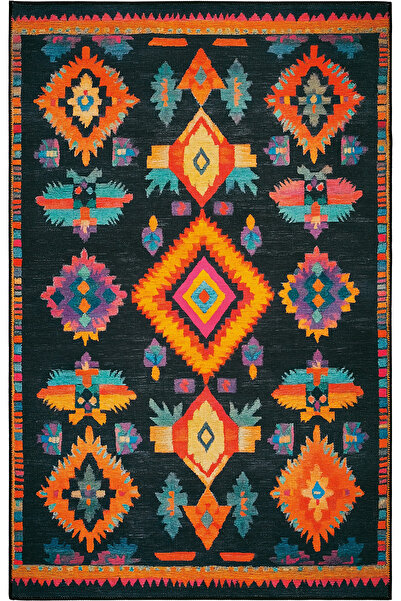 Cool Halı Lumina Siyah Etnik Desenli Dekoratif Bohem Halı Saçaklı Yıkanabilir...