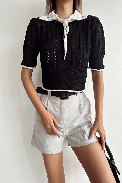 Angel Mia Блуза с къс ръкав и дантелени детайли, черна