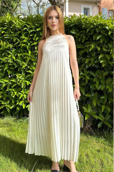 Angel Mia Pileli Şifon Elbise Ekru