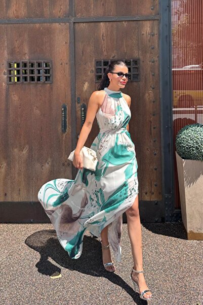 Angel Mia Rochie din șifon guler ridicat cu model verde