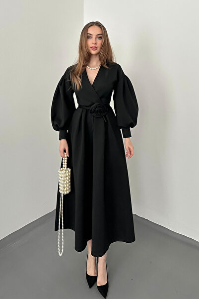 Elbee Fashion Woman Siyah Gül Detaylı Scuba Elbise