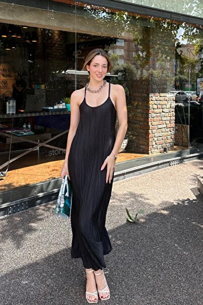 Angel Mia Piliseli Uzun Elbise Siyah