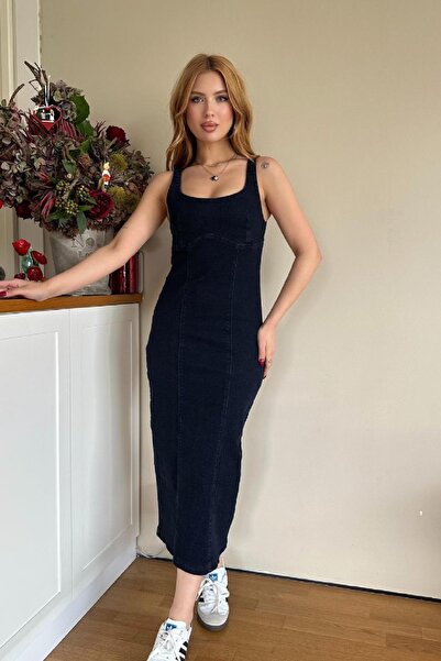 Angel Mia Arka Yırtmaçlı Kalem Elbise Mavi