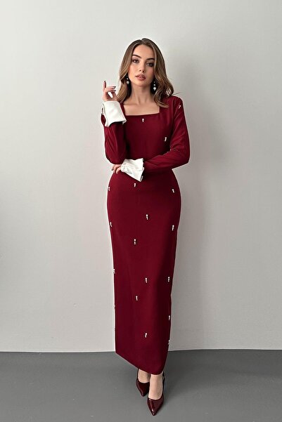 Elbee Fashion Woman Rochie vișinie albă cu perle și manșete