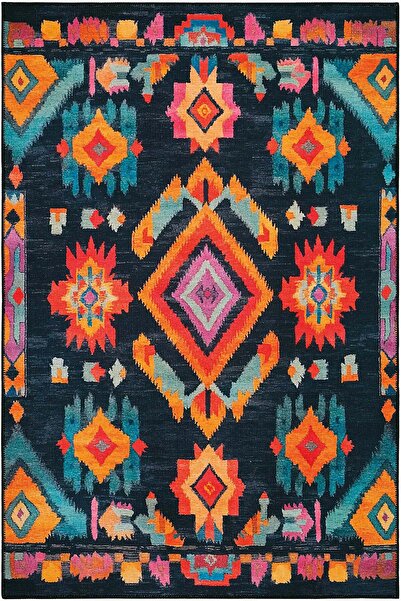 Cool Halı Lumina Siyah Bohem Etnik Desen Otantik Tasarım Halı Püsküllü Yıkana...