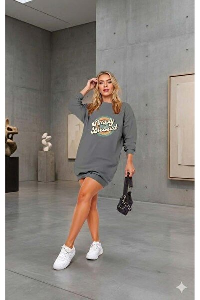 Generic Brand    Women's Long Sleeve Crew Neck Lettered Viscose Two Thread Dress