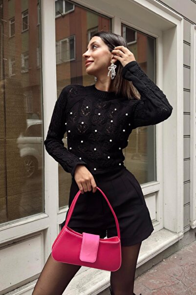 Angel Mia Crop top negru cu perle