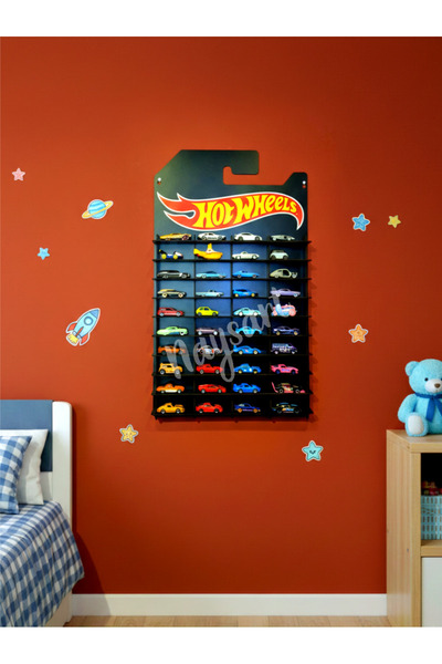 HOT WHEELS Hotwheels temalı siyah mdf 40 arabalık duvar rafı kartonet gorunum...
