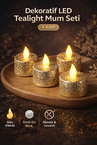 Ecuy Dekoratif Led Tealight Mum Seti - 4 Adet Alev Efektli, Altın Renk, Alevs...