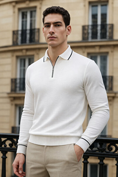 comstar Tricou cu mânecă lungă, alb, cu fermoar, pentru bărbați