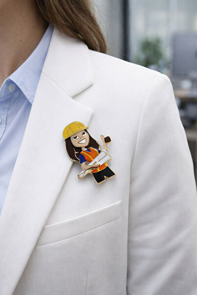 Modex Mineli Sarı Baretli İnşaat Mühendisi Kadın Broş (5cm)