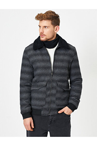 Koton Men's Black Faux Fur Collar Coat