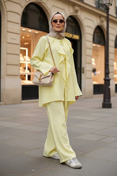 Aselim Hijap Moda Ruffled Cotton Kimono Set – Summer Flowy Two-Piece Set Yellow