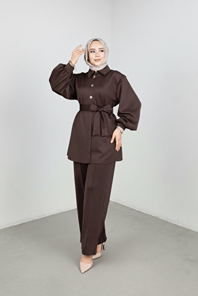 Weak Blue Stylish Hijab Tunic Pants Set – Belted Buttoned Long Sleeve Two-Pie...