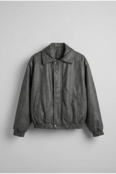 ablukaonline Men's Oversized Zippered Basic Leather Coat Gray