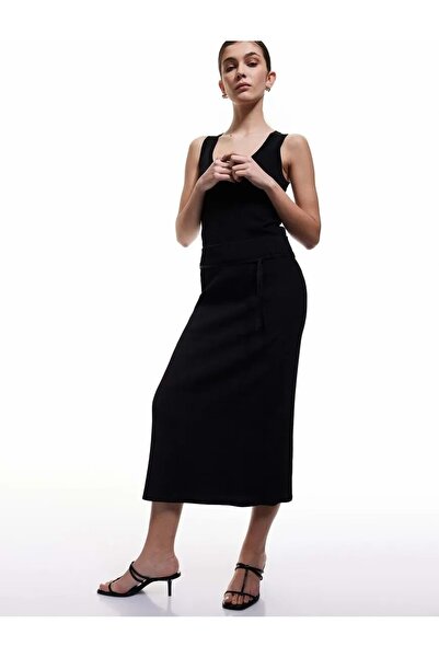 Koton Φούστα μίντι με υφή και λεπτομέρεια δεσίματος άνοιγμα 5SAK70159PW ΜΑΥΡΗ