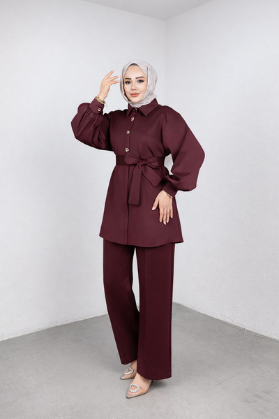 Weak Blue Stylish Hijab Tunic Pants Set – Belted Buttoned Long Sleeve Two-Pie...