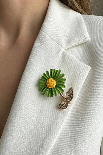 Modex Altın Rengi Yaprak Detay Taşlı Ay Çiçeği Broş (3cm)