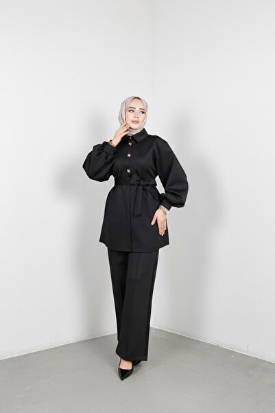 Weak Blue Stylish Hijab Tunic Pants Set – Belted Buttoned Long Sleeve Two-Pie...