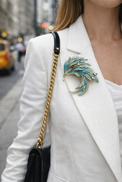 Modex Taş Detaylı Mavi Renkli Tüy Broş (4cm)