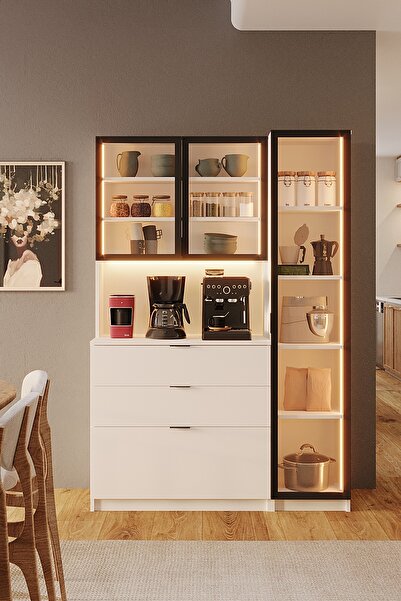 Avmpark Orea Temperli Cam Kapaklı Ledli Kahve Köşesi Kiler Dolabı Mutfak Tezg...