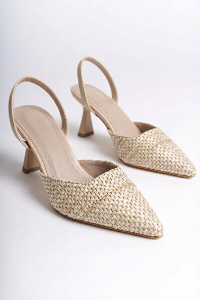 Shoesers حذاء نسائي كاجوال بكعب عالٍ ومقدمة مدببة ومغلف بالقش