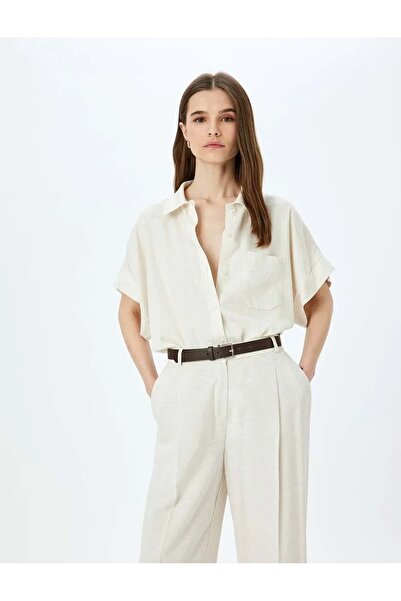 Koton Single Pocket Detailed Linen Blend Short Sleeve Shirt 5Sak60017Pw Beige