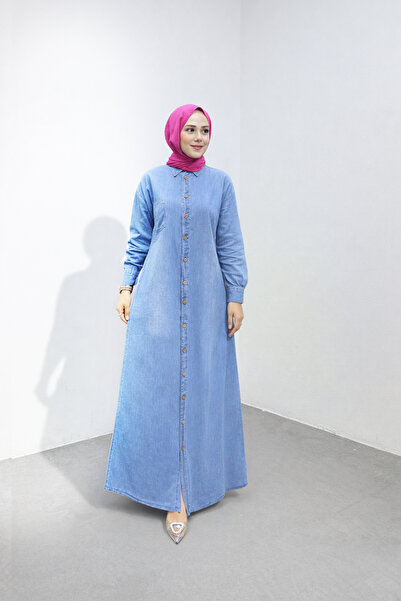 Weak Blue Women's Denim Casual Full Length Buttoned Hijab Dress