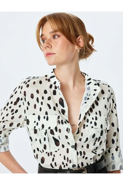 Koton Gemustertes, langärmliges Satinhemd mit doppelter Tasche und Kappe