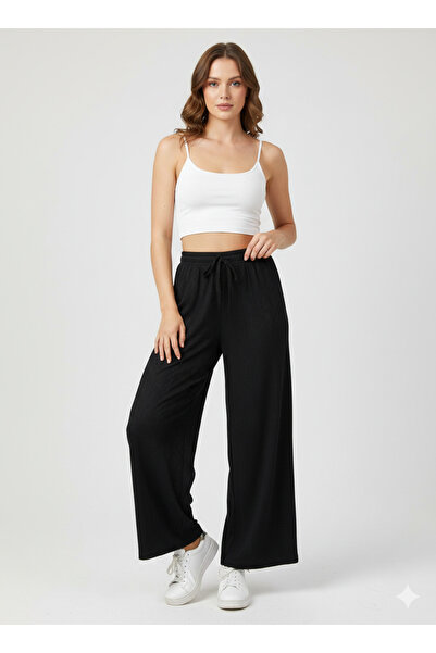 Ceylen Rahat Kalıp Yüksek bel Armürlü Örme Pantolon