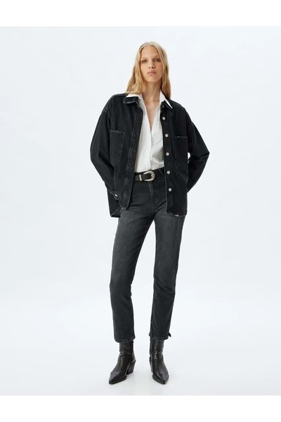 Koton بنطلون جينز عالي الخصر قصة ضيقة مستقيم الساق 5WAL40053MD أسود