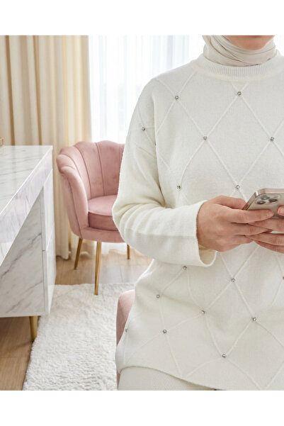 Modamorfo Stone Detailed Diamond Pattern Bearded Knitwear Tunic - White