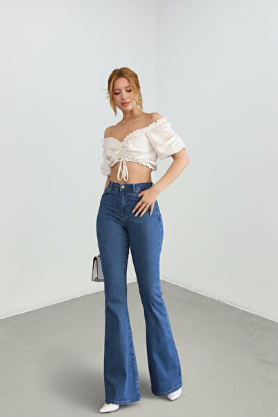 Weak Blue بنطلون جينز نسائي عالي الخصر من قماش الدنيم الأزرق من الليكرا